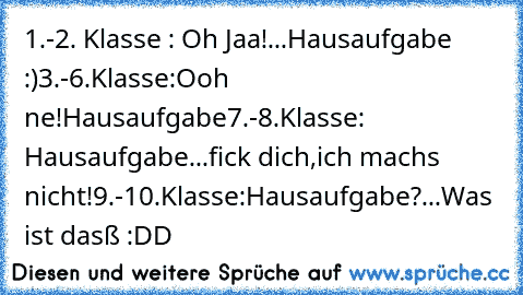 1.-2. Klasse : Oh Jaa!...Hausaufgabe :)
3.-6.Klasse:Ooh ne!Hausaufgabe
7.-8.Klasse: Hausaufgabe...fick dich,ich machs nicht!
9.-10.Klasse:Hausaufgabe?...Was ist dasß 
:DD