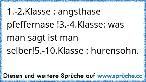 1.-2.Klasse : angsthase pfeffernase !
3.-4.Klasse: was man sagt ist man selber!
5.-10.Klasse : hurensohn.