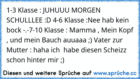 1-3 Klasse : JUHUUU MORGEN SCHULLLEE :D 
4-6 Klasse :Nee hab kein bock -.-
7-10 Klasse : Mamma , Mein Kopf , und mein Bauch auuaaa ;) 
Vater zur Mutter : haha ich  habe diesen Scheizz schon hinter mir ;)