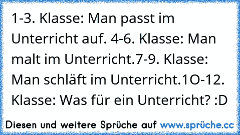 1-3. Klasse: Man passt im Unterricht auf. 
4-6. Klasse: Man malt im Unterricht.
7-9. Klasse: Man schläft im Unterricht.
1O-12. Klasse: Was für ein Unterricht? :D