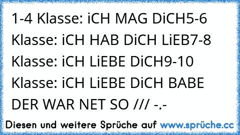 1-4 Klasse: iCH MAG DiCH
5-6 Klasse: iCH HAB DiCH LiEB
7-8 Klasse: iCH LiEBE DiCH
9-10 Klasse: iCH LiEBE DiCH BABE
 DER WAR NET SO /// -.-