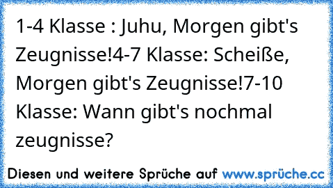 1-4 Klasse : Juhu, Morgen gibt's Zeugnisse!
4-7 Klasse: Scheiße, Morgen gibt's Zeugnisse!
7-10 Klasse: Wann gibt's nochmal zeugnisse?