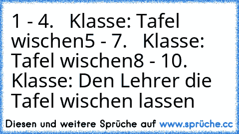 1 - 4.   Klasse: Tafel wischen
5 - 7.   Klasse: Tafel wischen
8 - 10. Klasse: Den Lehrer die Tafel wischen lassen