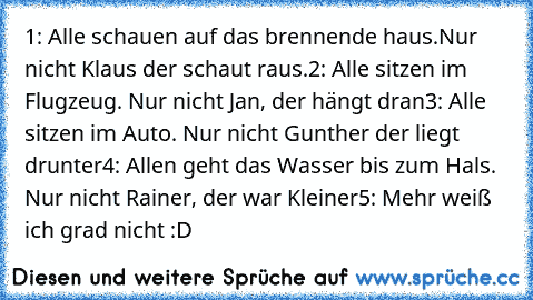 1: Alle schauen auf das brennende haus.Nur nicht Klaus der schaut raus.
2: Alle sitzen im Flugzeug. Nur nicht Jan, der hängt dran
3: Alle sitzen im Auto. Nur nicht Gunther der liegt drunter
4: Allen geht das Wasser bis zum Hals. Nur nicht Rainer, der war Kleiner
5: Mehr weiß ich grad nicht :D