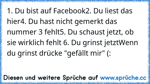 1. Du bist auf Facebook
2. Du liest das hier
4. Du hast nicht gemerkt das nummer 3 fehlt
5. Du schaust jetzt, ob sie wirklich fehlt 
6. Du grinst jetzt
Wenn du grinst drücke "gefällt mir" (: