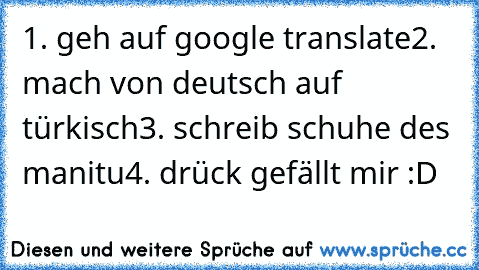 1. geh auf google translate
2. mach von deutsch auf türkisch
3. schreib schuhe des manitu
4. drück gefällt mir :D