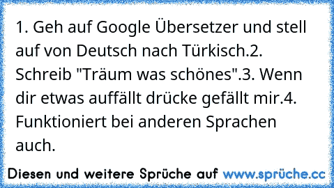 1. Geh auf Google Übersetzer und stell auf von Deutsch nach Türkisch.
2. Schreib "Träum was schönes".
3. Wenn dir etwas auffällt drücke gefällt mir.
4. Funktioniert bei anderen Sprachen auch.