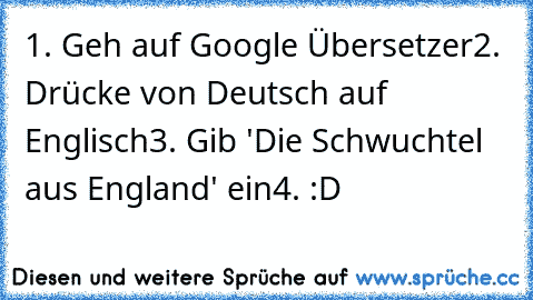 1. Geh auf Google Übersetzer
2. Drücke von Deutsch auf Englisch
3. Gib 'Die Schwuchtel aus England' ein
4. :D