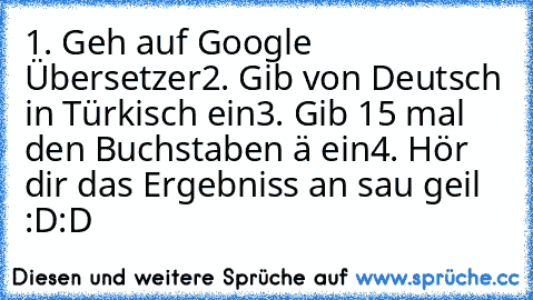 1. Geh auf Google Übersetzer
2. Gib von Deutsch in Türkisch ein
3. Gib 15 mal den Buchstaben ä ein
4. Hör dir das Ergebniss an sau geil :D:D