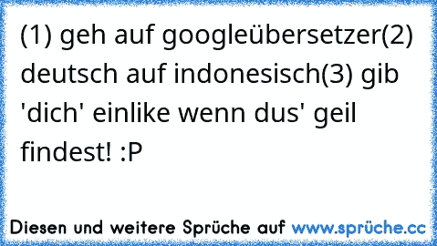 (1) geh auf googleübersetzer
(2) deutsch auf indonesisch
(3) gib 'dich' ein
like wenn dus' geil findest! :P