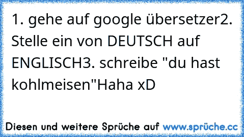 1. gehe auf google übersetzer
2. Stelle ein von DEUTSCH auf ENGLISCH
3. schreibe "du hast kohlmeisen"
Haha xD