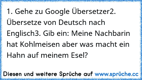 1. Gehe zu Google Übersetzer
2. Übersetze von Deutsch nach Englisch
3. Gib ein: Meine Nachbarin hat Kohlmeisen aber was macht ein Hahn auf meinem Esel?