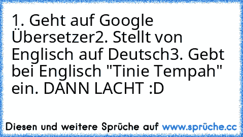 1. Geht auf Google Übersetzer
2. Stellt von Englisch auf Deutsch
3. Gebt bei Englisch "Tinie Tempah" ein. 
DANN LACHT :D