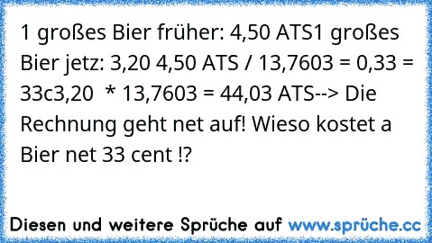 1 großes Bier früher: 4,50 ATS
1 großes Bier jetz: 3,20 €
4,50 ATS / 13,7603 = 0,33 = 33c
3,20 € * 13,7603 = 44,03 ATS
--> Die Rechnung geht net auf! Wieso kostet a Bier net 33 cent !?