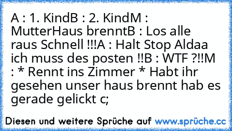 A : 1. Kind
B : 2. Kind
M : Mutter
Haus brennt
B : Los alle raus Schnell !!!
A : Halt Stop Aldaa ich muss des posten !!
B : WTF ?!!
M : * Rennt ins Zimmer * Habt ihr gesehen unser haus brennt hab es gerade gelickt c;