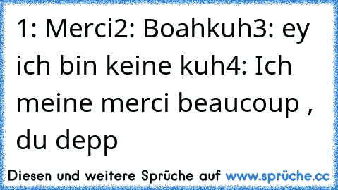 1: Merci
2: Boahkuh
3: ey ich bin keine kuh
4: Ich meine merci beaucoup , du depp