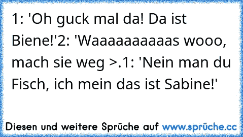 1: 'Oh guck mal da! Da ist Biene!'
2: 'Waaaaaaaaaas wooo, mach sie weg >.
1: 'Nein man du Fisch, ich mein das ist Sabine!'