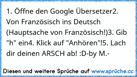 1. Öffne den Google Übersetzer
2. Von Französisch ins Deutsch (Hauptsache von Französisch!)
3. Gib "h" ein
4. Klick auf "Anhören"!
5. Lach dir deinen ARSCH ab! :D
-by M.-