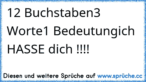 12 Buchstaben
3 Worte
1 Bedeutung
ich HASSE dich !!!!