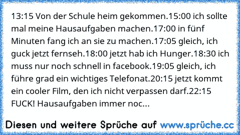 13:15 Von der Schule heim gekommen.
15:00 ich sollte mal meine Hausaufgaben machen.
17:00 in fünf Minuten fang ich an sie zu machen.
17:05 gleich, ich guck jetzt fernseh.
18:00 jetzt hab ich Hunger.
18:30 ich muss nur noch schnell in facebook.
19:05 gleich, ich führe grad ein wichtiges Telefonat.
20:15 jetzt kommt ein cooler Film, den ich nicht verpassen darf.
22:15 FUCK! Hausaufgaben immer noc...