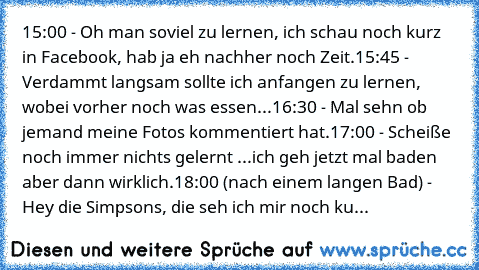 15:00 - Oh man soviel zu lernen, ich schau noch kurz in Facebook, hab ja eh nachher noch Zeit.
15:45 - Verdammt langsam sollte ich anfangen zu lernen, wobei vorher noch was essen...
16:30 - Mal sehn ob jemand meine Fotos kommentiert hat.
17:00 - Scheiße noch immer nichts gelernt ...ich geh jetzt mal baden aber dann wirklich.
18:00 (nach einem langen Bad) - Hey die Simpsons, die seh ich mir noch ku...