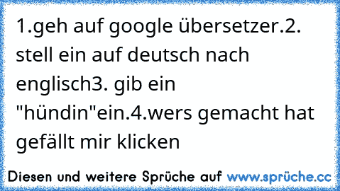 1.geh auf google übersetzer.
2. stell ein auf deutsch nach englisch
3. gib ein "hündin"ein.
4.wer´s gemacht hat gefällt mir klicken