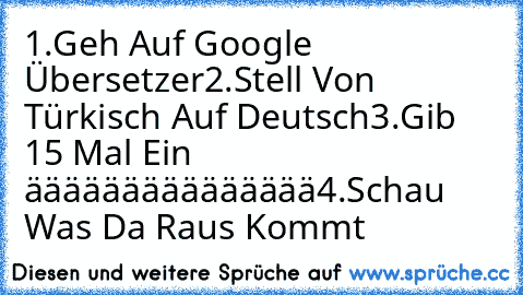 1.Geh Auf Google Übersetzer
2.Stell Von Türkisch Auf Deutsch
3.Gib 15 Mal Ein äääääääääääääää
4.Schau Was Da Raus Kommt