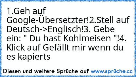 1.Geh auf Google-Übersetzter!
2.Stell auf Deutsch->Englisch!
3. Gebe ein: " Du hast Kohlmeisen "!
4. Klick auf Gefällt mir wenn du es kapierts