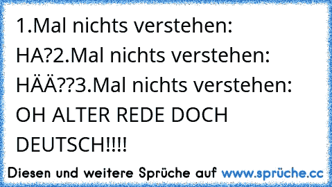 1.Mal nichts verstehen: HA?
2.Mal nichts verstehen: HÄÄ??
3.Mal nichts verstehen: OH ALTER REDE DOCH DEUTSCH!!!!