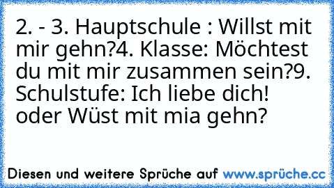 2. - 3. Hauptschule : Willst mit mir gehn?
4. Klasse: Möchtest du mit mir zusammen sein?
9. Schulstufe: Ich liebe dich! oder Wüst mit mia gehn?