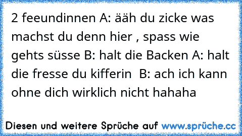 2 feeundinnen 
A: ääh du zicke was machst du denn hier , spass wie gehts süsse 
B: halt die Backen 
A: halt die fresse du kifferin  
B: ach ich kann ohne dich wirklich nicht hahaha ♥