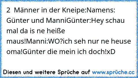 2  Männer in der Kneipe:
Namens: Günter und Manni
Günter:Hey schau mal da is ne heiße maus!
Manni:WO?ich seh nur ne heuse oma!
Günter die mein ich doch!
xD