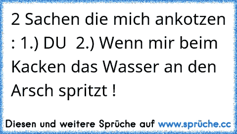 2 Sachen die mich ankotzen : 
1.) DU  
2.) Wenn mir beim Kacken das Wasser an den Arsch spritzt !