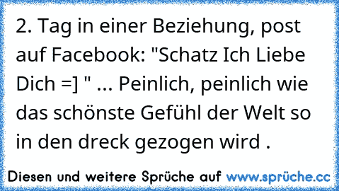 2. Tag in einer Beziehung, post auf Facebook: "Schatz Ich Liebe Dich =] ♥" ... Peinlich, peinlich wie das schönste Gefühl der Welt so in den dreck gezogen wird .