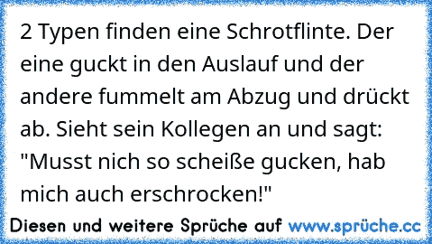 2 Typen finden eine Schrotflinte. Der eine guckt in den Auslauf und der andere fummelt am Abzug und drückt ab. Sieht sein Kollegen an und sagt: "Musst nich so scheiße gucken, hab mich auch erschrocken!"