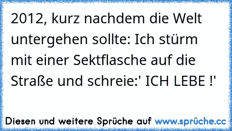 2012, kurz nachdem die Welt untergehen sollte: Ich stürm mit einer Sektflasche auf die Straße und schreie:
' ICH LEBE !'