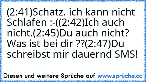 (2:41)
Schatz. ich kann nicht Schlafen :-(
(2:42)
Ich auch nicht.
(2:45)
Du auch nicht? Was ist bei dir ??
(2:47)
Du schreibst mir dauernd SMS!