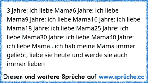 3 Jahre: ich liebe Mama
6 Jahre: ich liebe Mama
9 Jahre: ich liebe Mama
16 Jahre: ich liebe Mama
18 Jahre: ich liebe Mama
25 Jahre: ich liebe Mama
30 Jahre: ich liebe Mama
40 Jahre: ich liebe Mama
...
ich hab meine Mama immer geliebt, liebe sie heute und werde sie auch immer lieben ♥