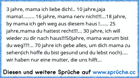 3 jahre, mama ich liebe dich!.. 10 jahre,jaja mama!........ 16 jahre, mama nerv nicht!!!...18 jahre, by mama ich geh weg aus diesem haus !...... 25 jahre,mama du hattest recht!!!... 30 jahre, ich will wieder zu dir nach haus!!!50jahre, mama warum bist du weg???... 70 jahre ich gebe alles, um dich mama zu sehen(ich hoffe du bist gesund und du lebst noch).... wir haben nur eine mutter, die uns hilft...