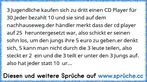 3 Jugendliche kaufen sich zu dritt einen CD Player für 30€.Jeder bezahlt 10€ und sie sind auf dem nachhauseweg.der händler merkt dass der cd player auf 25 € heruntergesetzt war, also schickt er seinen sohn los, um den jungs ihre 5 euro zu geben.er denkt sich, 5 kann man nicht durch die 3 leute teilen, also steckt er 2 € ein und die 3€ teilt er unter den 3 Jungs auf. also hat jeder statt 10 € ur...