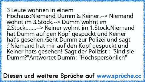 3 Leute wohnen in einem Hochaus:
Niemand,Dumm & Keiner.
--> Niemand wohnt im 3.Stock.
--> Dumm wohnt im 2.Stock.
......--> Keiner wohnt im 1.Stock.
Niemand hat Dumm auf den Kopf gespuckt und Keiner hat's gesehen.
Geht Dumm zur Polizei und sagt :
"Niemand hat mir auf den Kopf gespuckt und Keiner hats gesehen!"
Sagt der Polizist : "Sind sie Dumm?"
Antwortet Dumm: "Höchspersönlich''