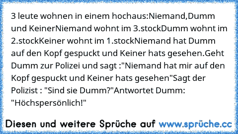 3 leute wohnen in einem hochaus:
Niemand,Dumm und Keiner
Niemand wohnt im 3.stock
Dumm wohnt im 2.stock
Keiner wohnt im 1.stock
Niemand hat Dumm auf den Kopf gespuckt und Keiner hats gesehen.
Geht Dumm zur Polizei und sagt :
"Niemand hat mir auf den Kopf gespuckt und Keiner hats gesehen"
Sagt der Polizist : "Sind sie Dumm?"
Antwortet Dumm: "Höchspersönlich!"