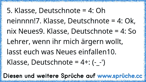 5. Klasse, Deutschnote = 4: Oh neinnnn!
7. Klasse, Deutschnote = 4: Ok, nix Neues
9. Klasse, Deutschnote = 4: So Lehrer, wenn ihr mich ärgern wollt, lasst euch was Neues einfallen
10. Klasse, Deutschnote = 4+: (-_-')