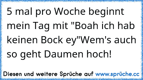 5 mal pro Woche beginnt mein Tag mit "Boah ich hab keinen Bock ey"
Wem's auch so geht Daumen hoch!