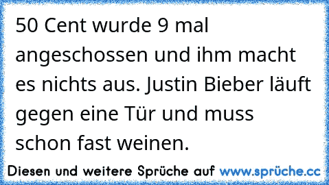 50 Cent wurde 9 mal angeschossen und ihm macht es nichts aus. Justin Bieber läuft gegen eine Tür und muss schon fast weinen.