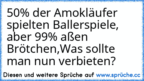 50% der Amokläufer spielten Ballerspiele, 
aber 99% aßen Brötchen,
Was sollte man nun verbieten?