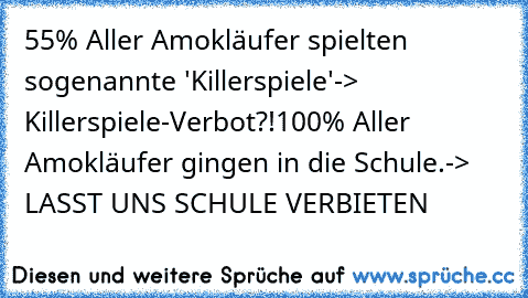 55% Aller Amokläufer spielten sogenannte 'Killerspiele'
-> Killerspiele-Verbot?!
100% Aller Amokläufer gingen in die Schule.
-> LASST UNS SCHULE VERBIETEN