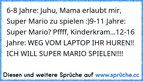 6-8 Jahre: Juhu, Mama erlaubt mir, Super Mario zu spielen :)
9-11 Jahre: Super Mario? Pffff, Kinderkram...
12-16 Jahre: WEG VOM LAPTOP IHR HUREN!! ICH WILL SUPER MARIO SPIELEN!!!!