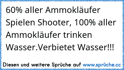 60% aller Ammokläufer Spielen Shooter, 100% aller Ammokläufer trinken Wasser.
Verbietet Wasser!!!