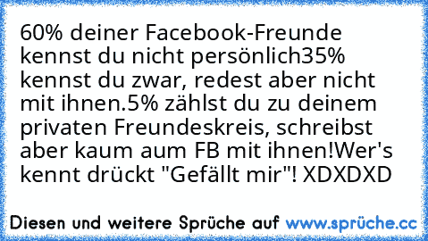 60% deiner Facebook-Freunde kennst du nicht persönlich
35% kennst du zwar, redest aber nicht mit ihnen.
5% zählst du zu deinem privaten Freundeskreis, schreibst aber kaum aum FB mit ihnen!
Wer's kennt drückt "Gefällt mir"! XDXDXD